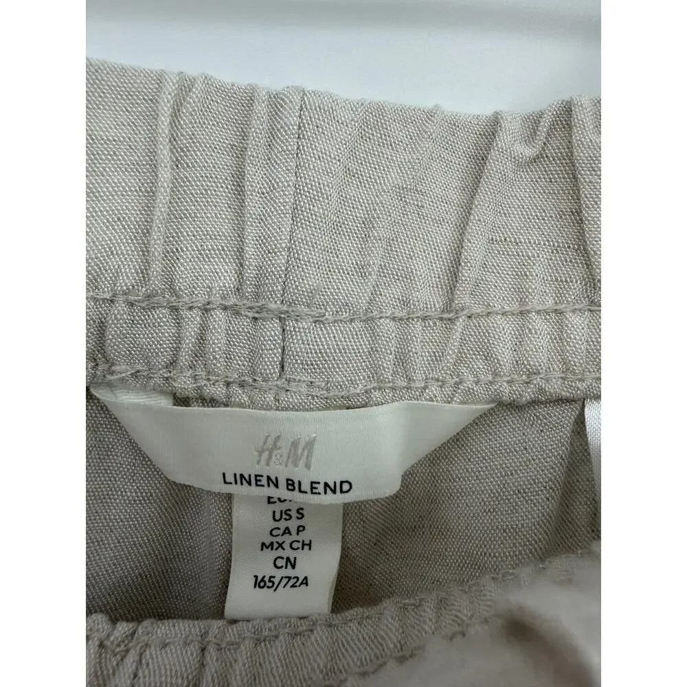 H&M Beige Linen Blend Wide Leg Pull On Pants Coastal Minimalist Small Coastal